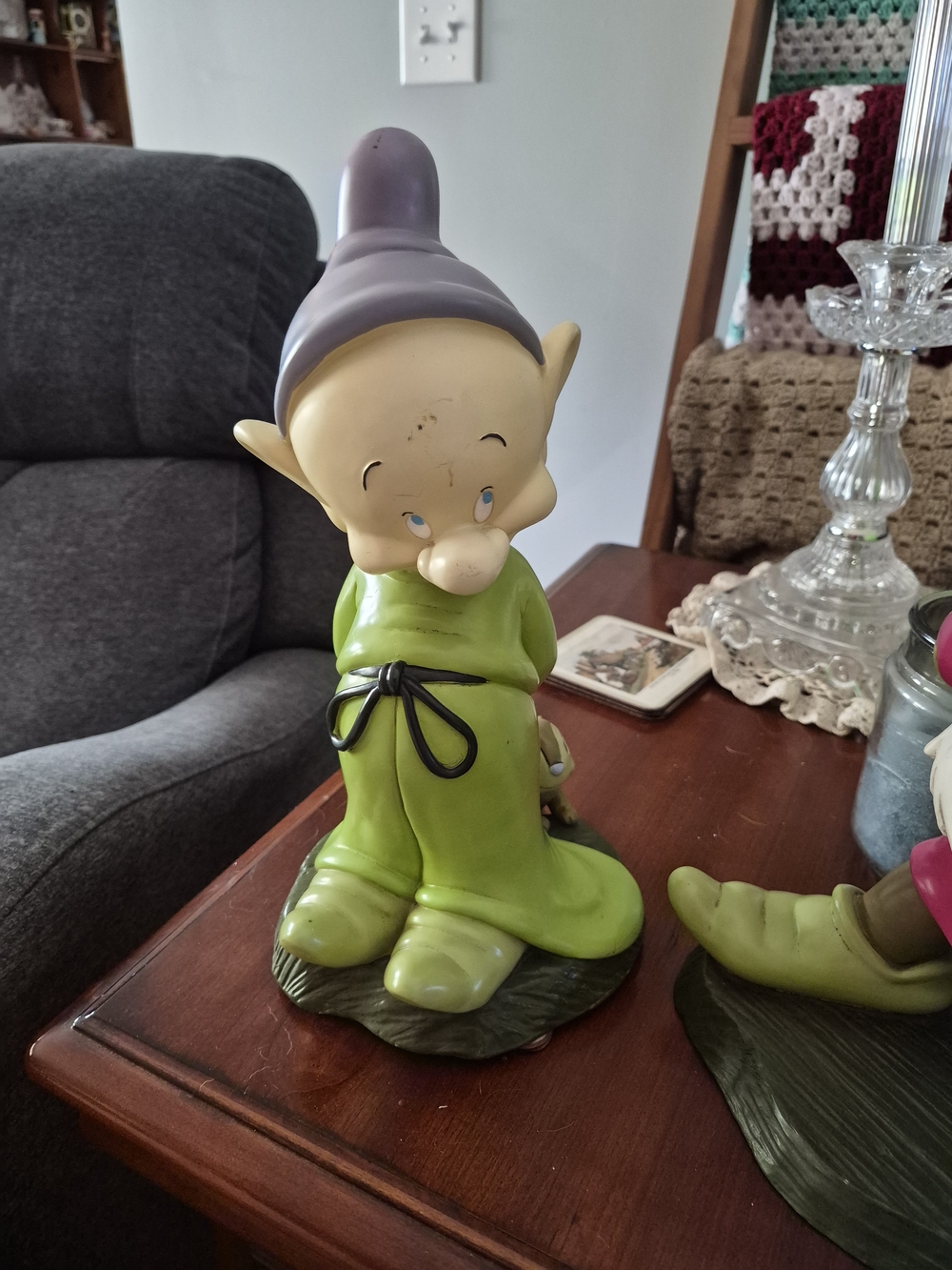 Ceramic Elf Figurine in Lime Green Robe with Lavender Hat